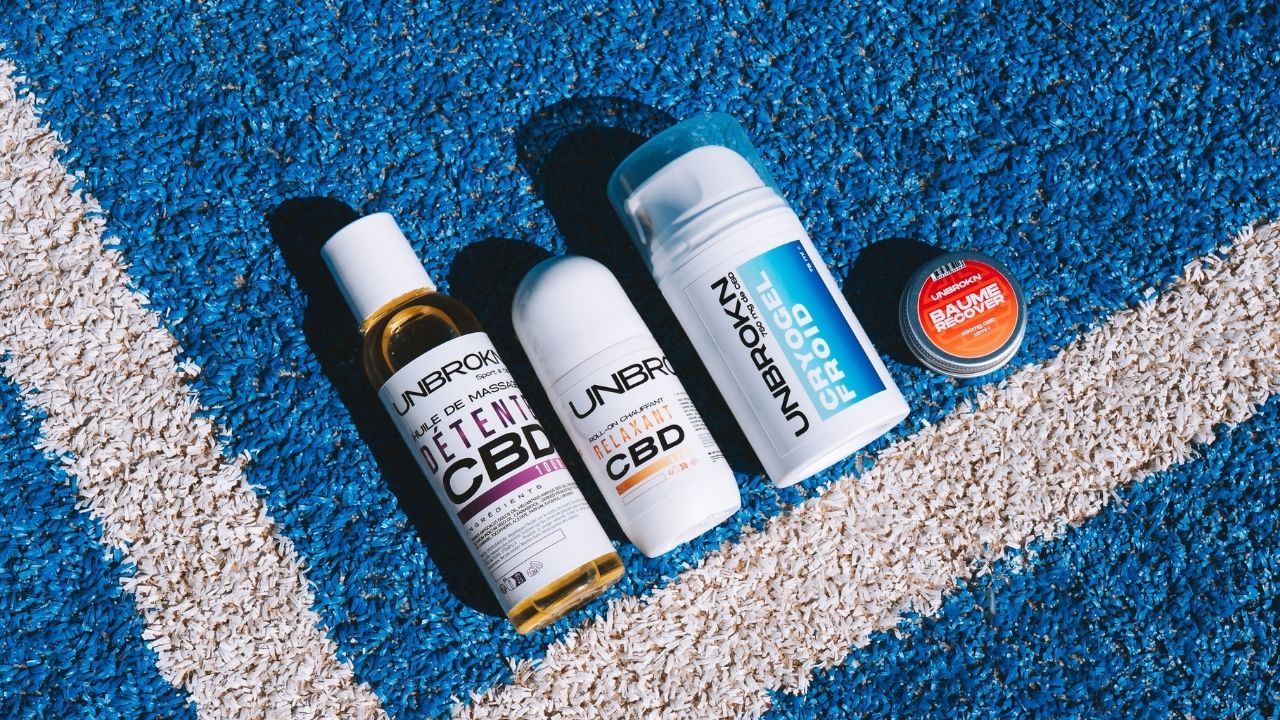 Gamme de soins de récupération UNBROKN pour le padel : roll-on chauffant, cryogel jambes légères, baume Recover et huile de massage
